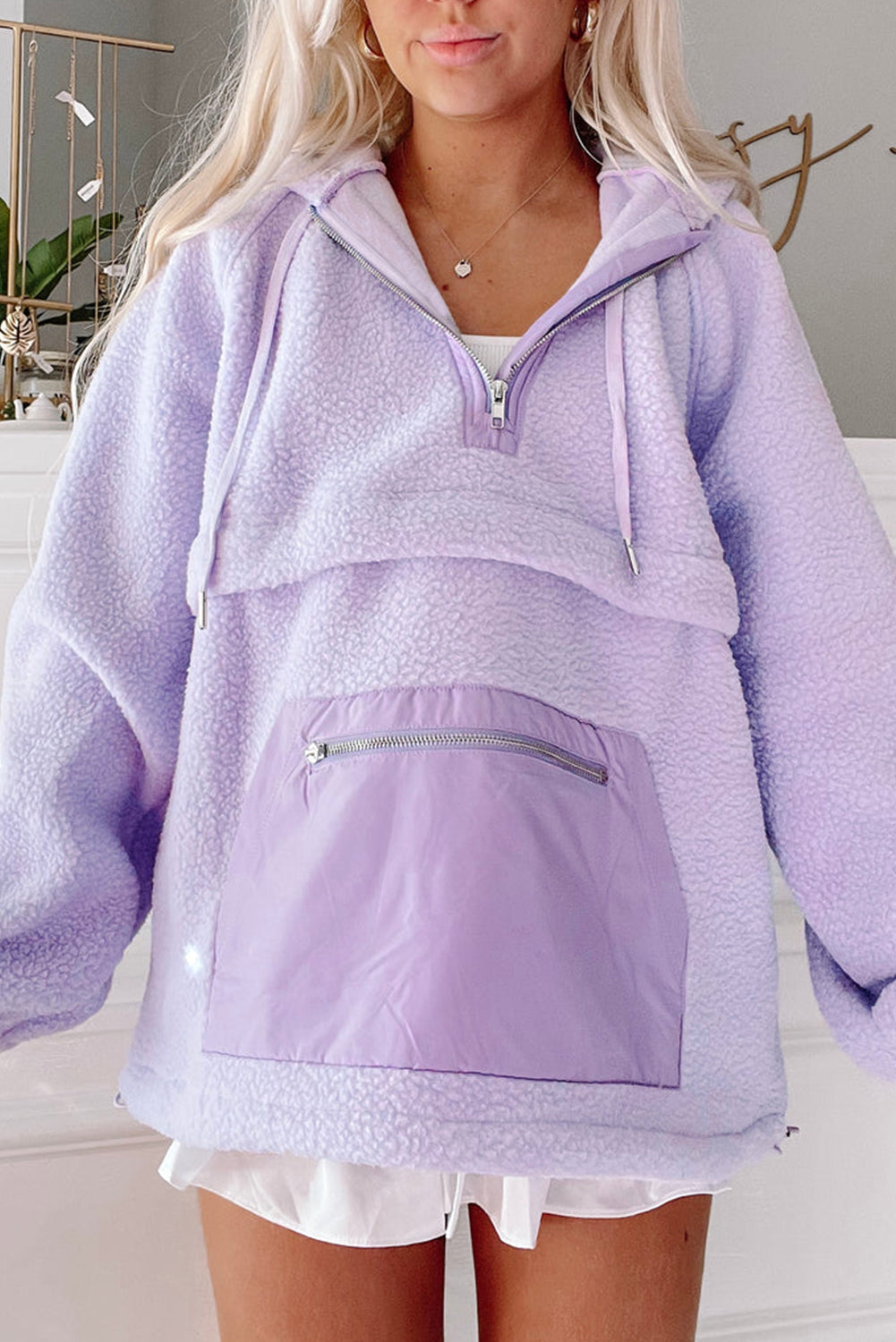 Lavender Zipped Patch Pocket Fuzzy Drawstring Hoodie