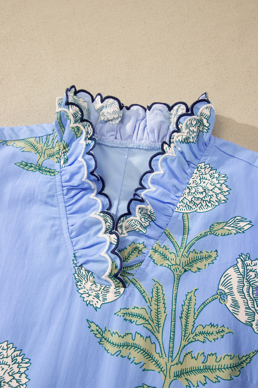 Wild Floral Print Scalloped Embroidery Trim V Neck Drop Waist Mini Dress