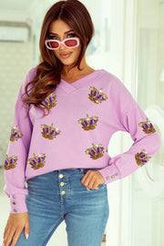 Purple Mardi Gras Sequin Crown Graphic V Neck Pullover -