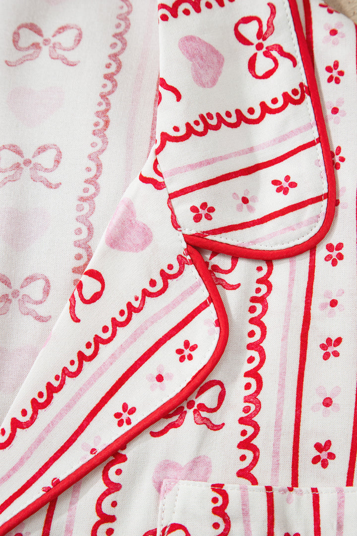 Red Cute Bow Heart Print Ribbon Decor Short 2pcs Pajama Set