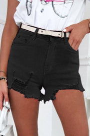Black Solid Color Distressed Denim Shorts -