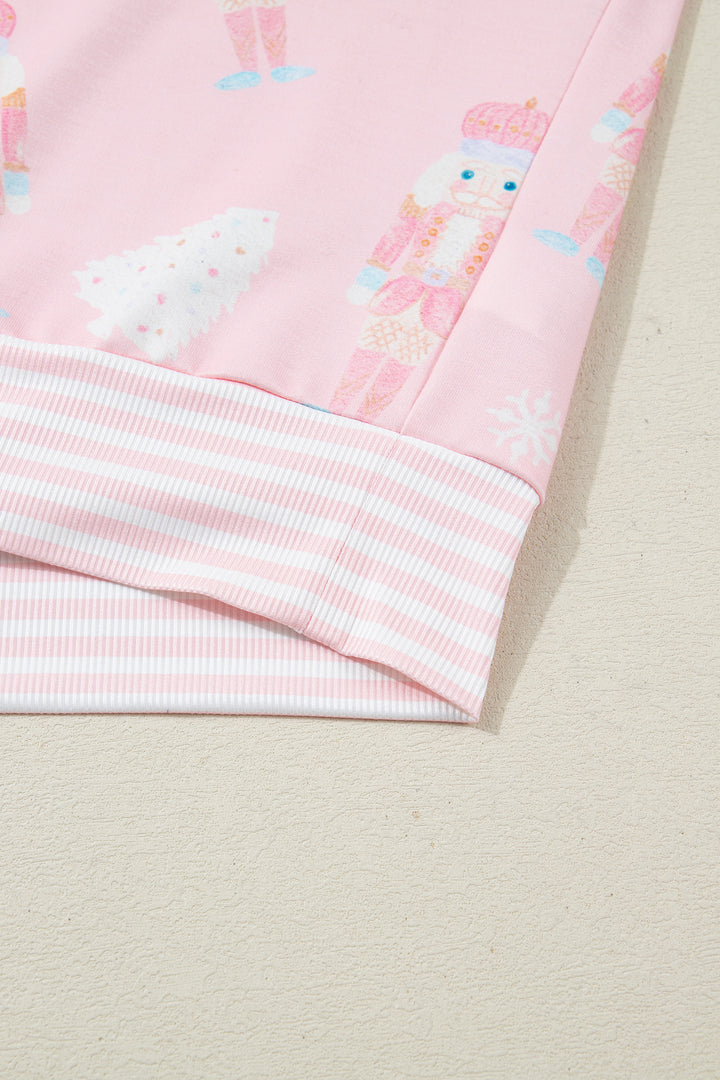 Pink Christmas Tree Nutcracker Doll Print Contrast Trim Long Sleeve Top Matching Shorts Set