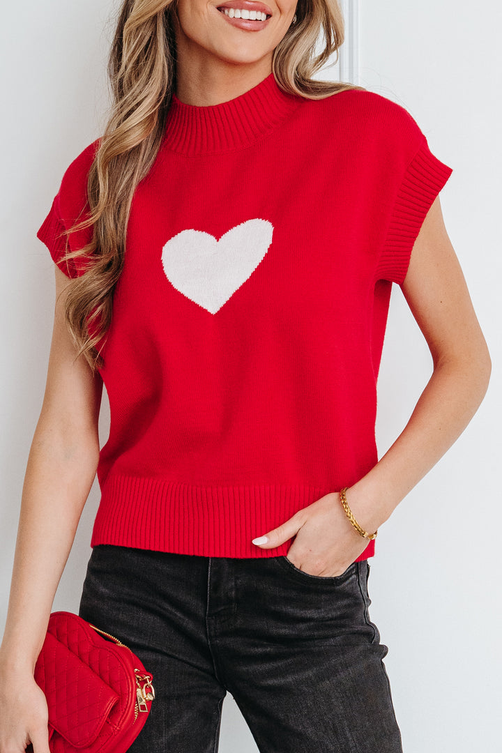 Fiery Red Valentine Heart Graphic Cropped Short Sleeve Sweater