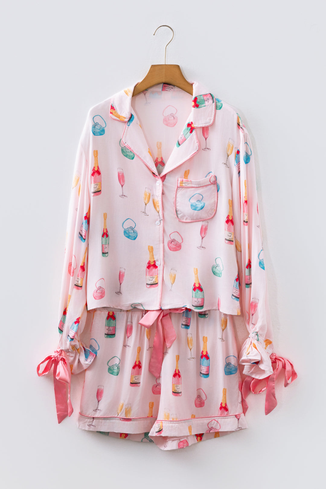 Christmas Wine Glass Print Bow Knot Two Piece Pajama Set