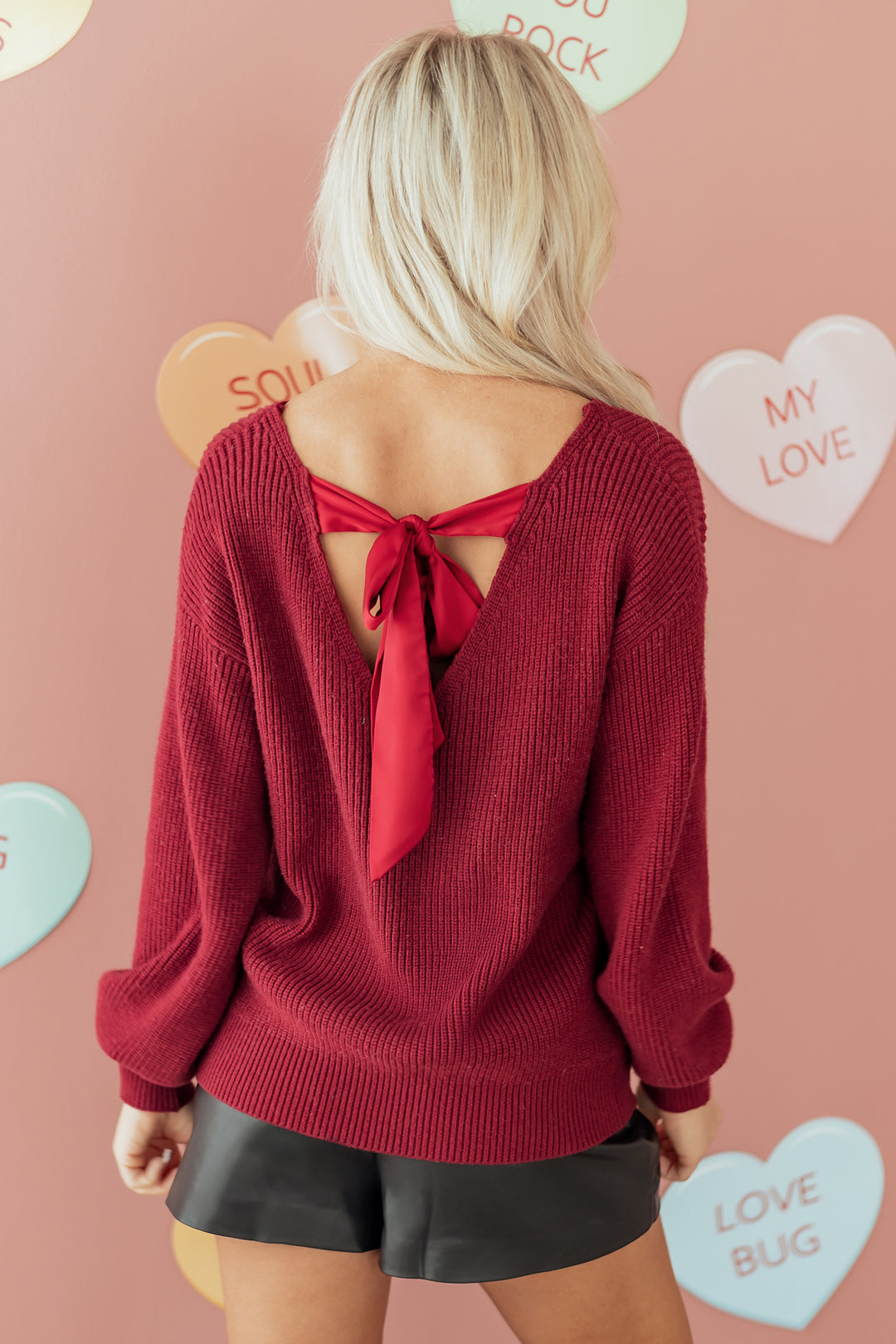 Ribbed Knit Ribbon Knot Backless Drop Shoulder Sweater