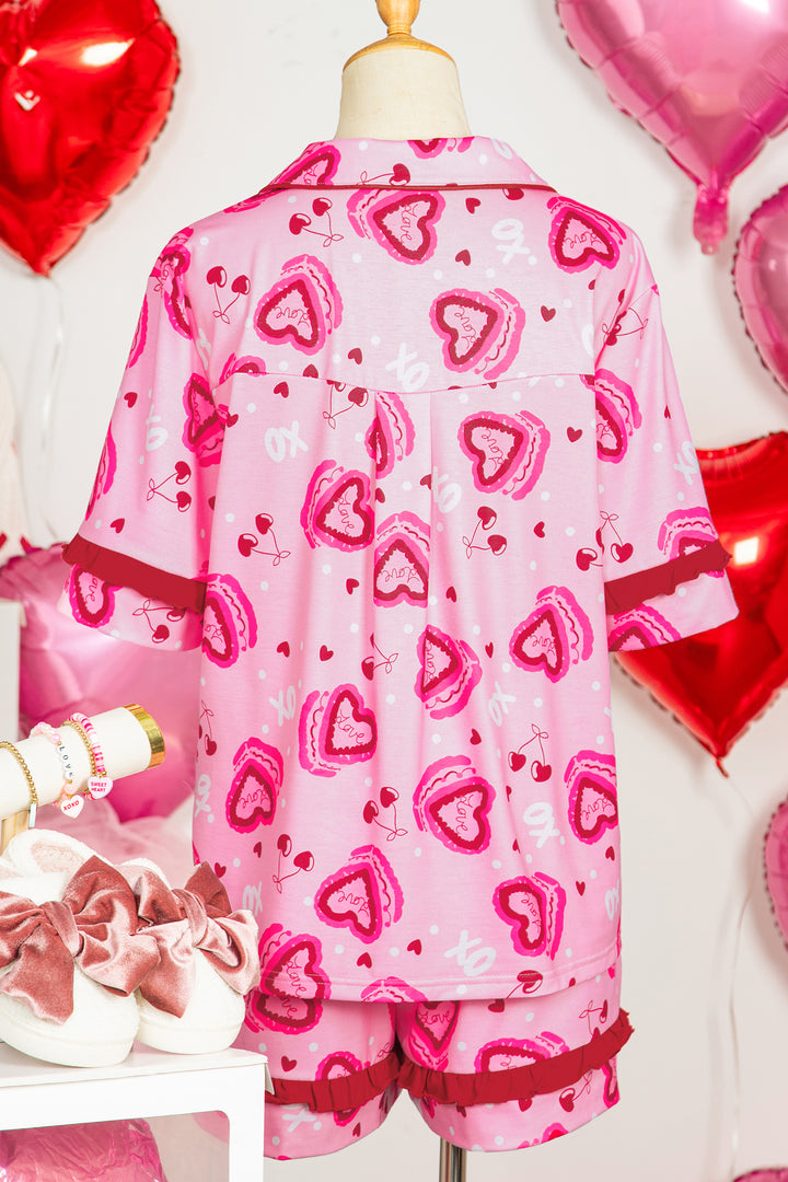 Pink Sweet Heart Cake Print Contrast Ruffle Trim Valentines 2pcs Pajama Set