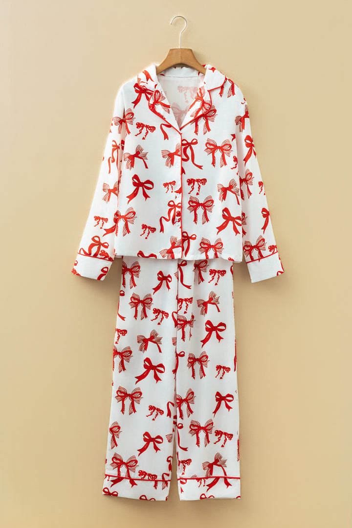 Red Christmas Bow Print Long 2pcs Pajama Set