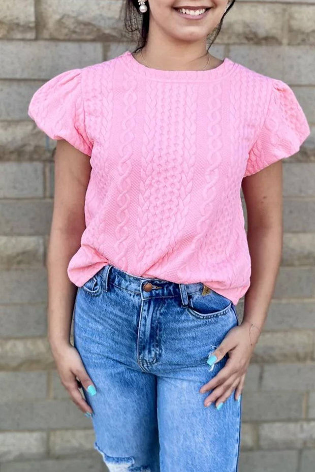 Pink Textured Puff Sleeve Round Neck T-Shirt - Pink / L