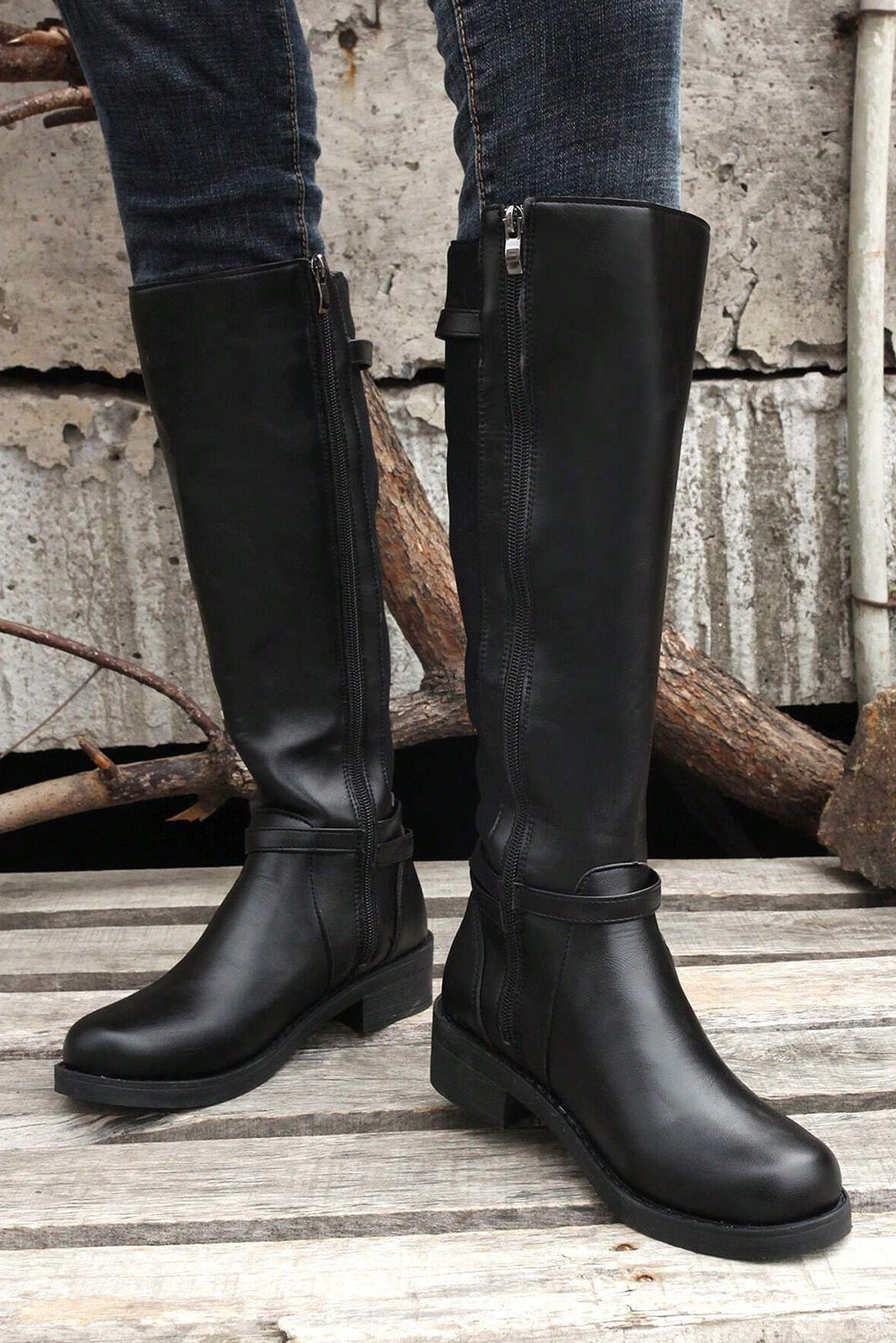 Shop Black Side Zipper Knee High Chunky Low Heel Boots at Faith & Co. Boutique Black / 39