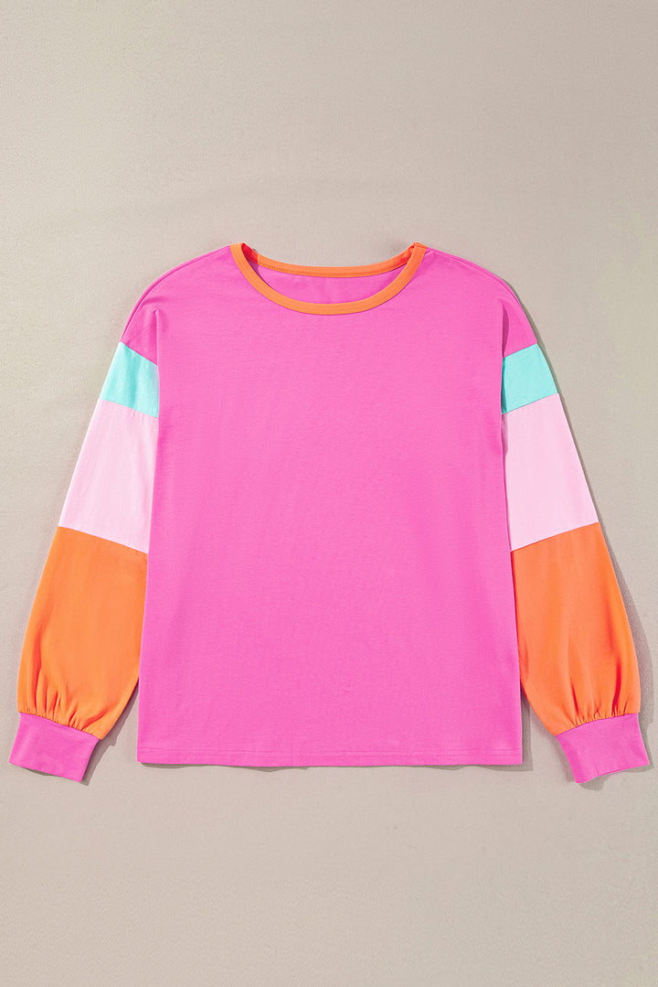 Rose Red Colorblock Patchwork Long Sleeve Loose Top