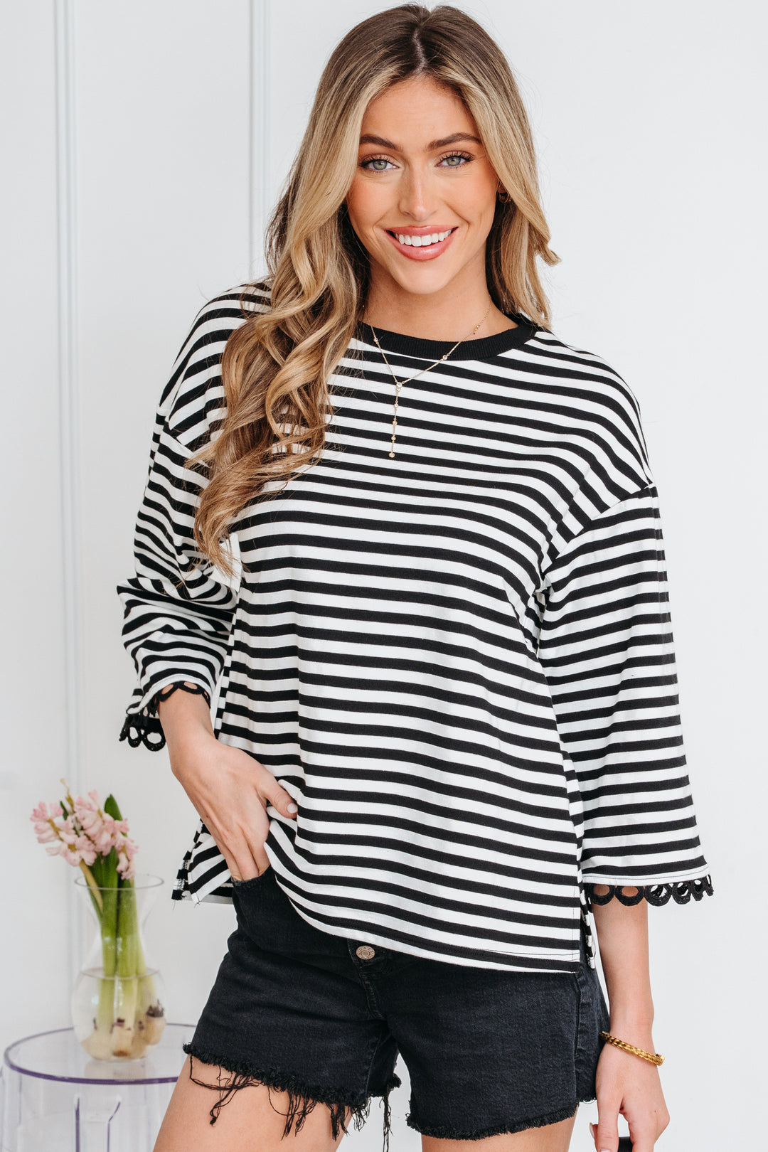 Racing Striped Print Drop Shoulder Lace Trim Bracelet Sleeve Loose Top