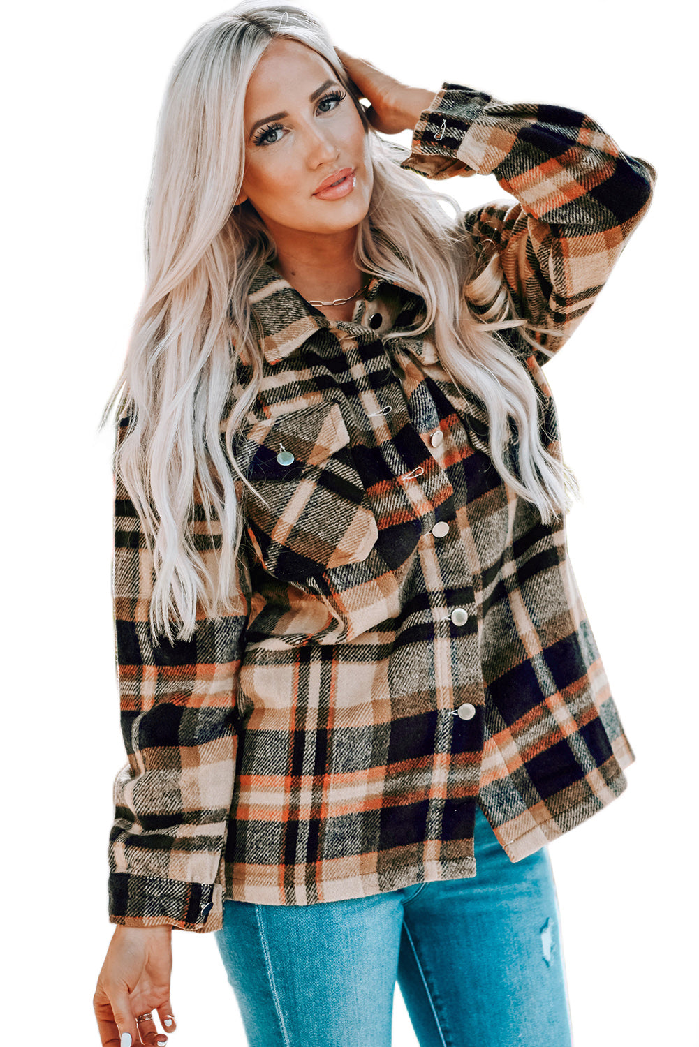 Geometric Plaid Print Pocketed Shacket -