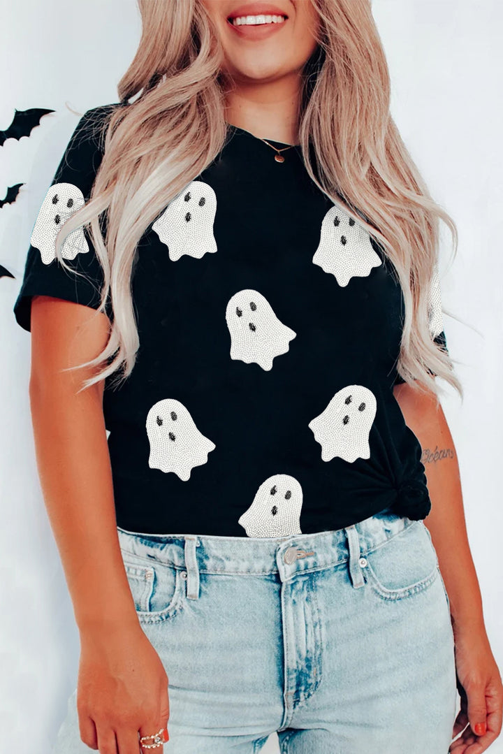 Sequin Halloween Ghost Patched Casual T Shirt