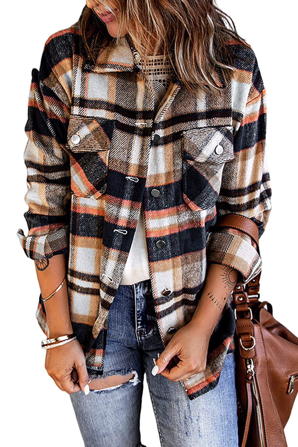 Geometric Plaid Print Pocketed Shacket -