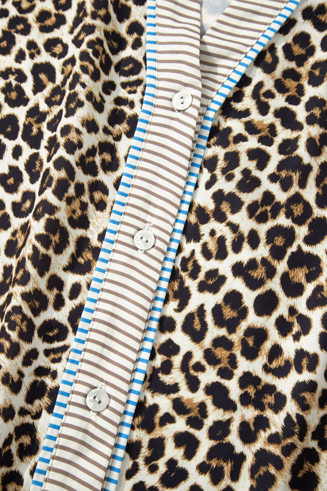 Khaki Plus Size Leopard Print Striped Trim V Neck Drop Waist Long Sleeve Mini Dress