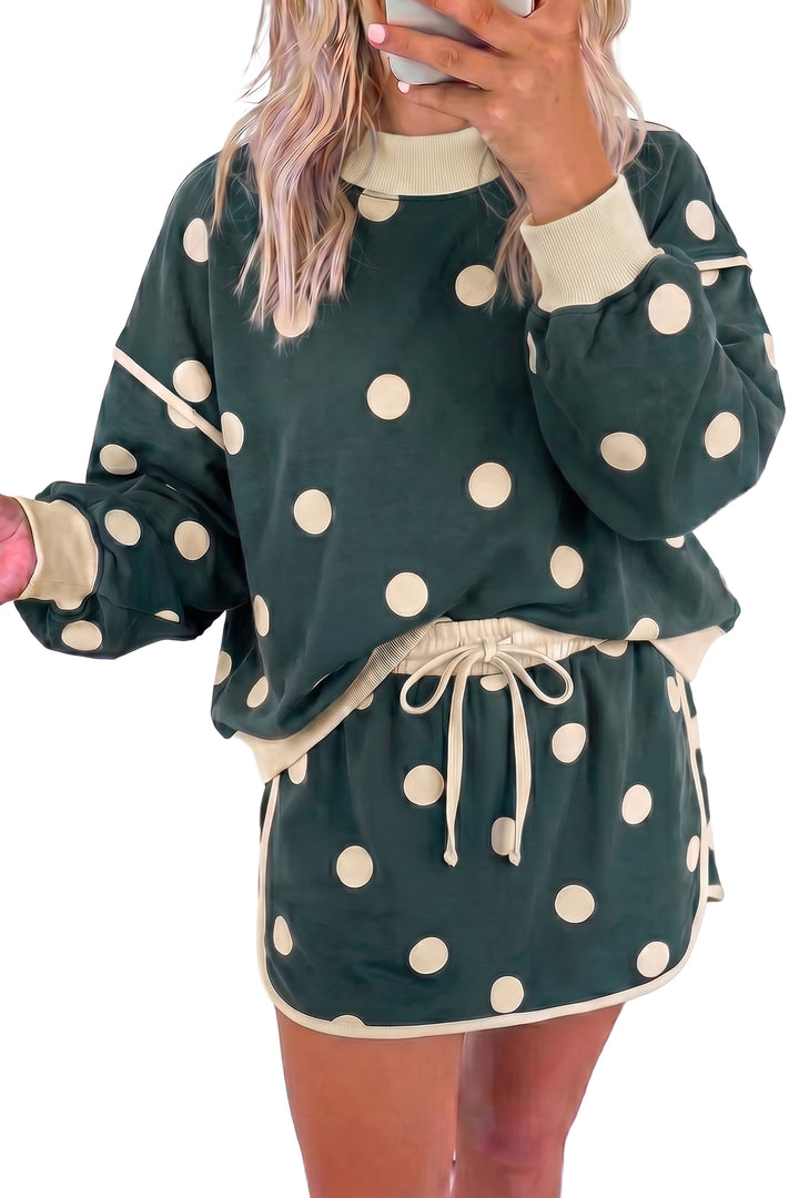 Green Polka Dot Print Color Block Trim Baggy Pullover Drawstring Skirt 2pcs Set