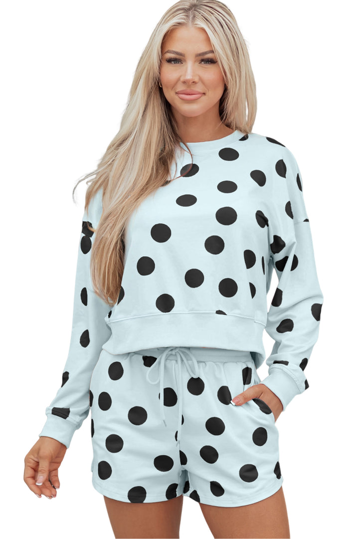 Polka Dot Print Drop Shoulder Pullover Drawstring Shorts Set