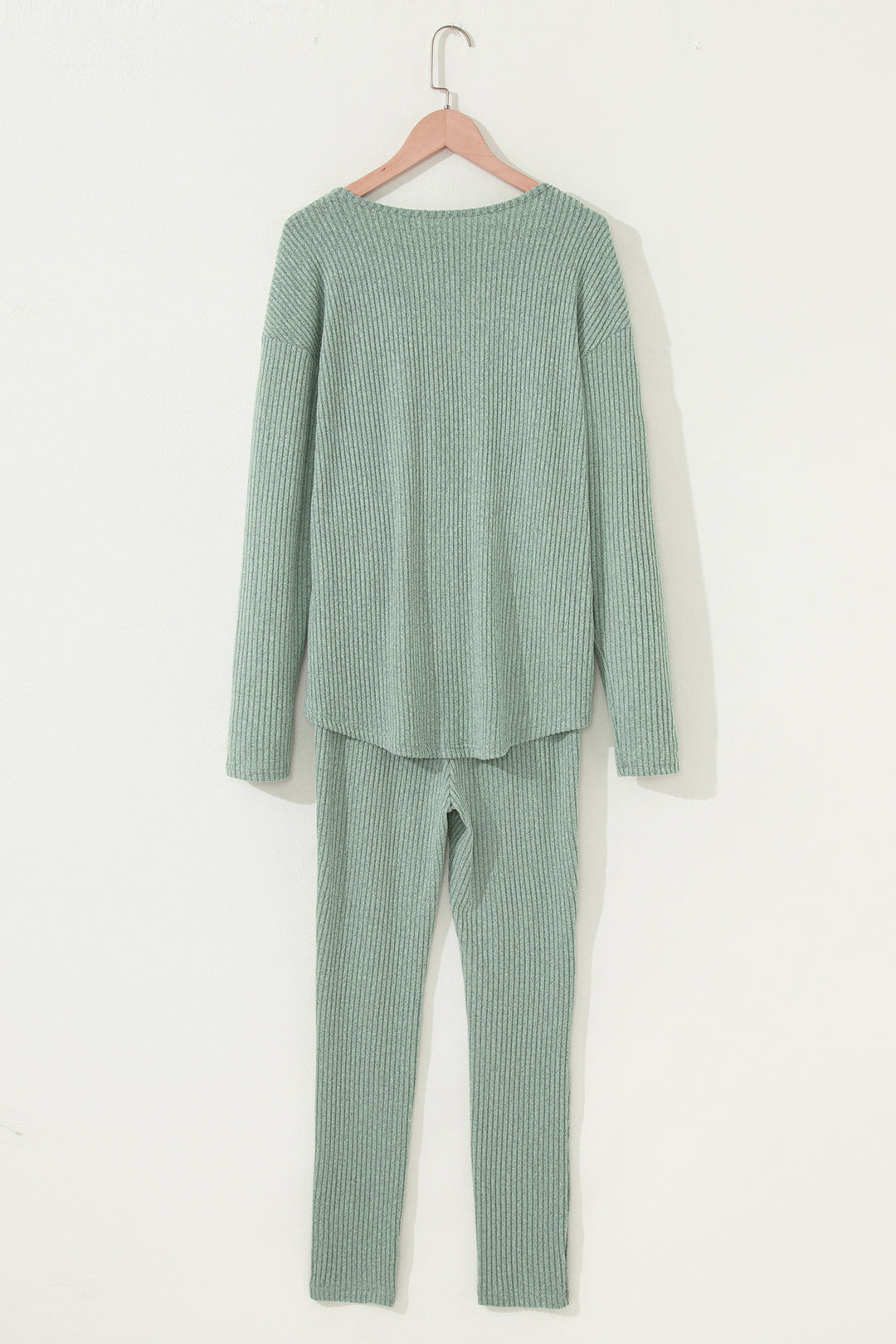 Ribbed Notched Neck Knit Long Sleeve Leggings Two Pieces Lounge Set