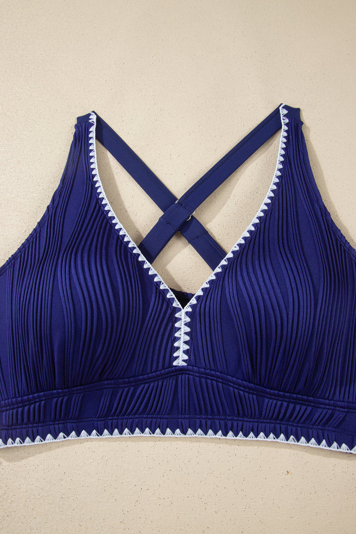 Stitched Trim V Neck Textured Mix and Match High Waist Bikinis