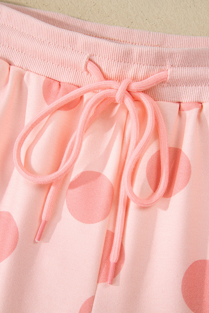 Polka Dot Print Drop Shoulder Pullover Drawstring Shorts Set