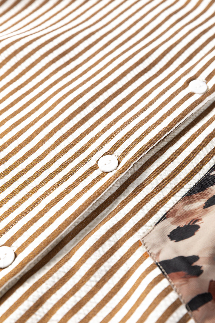 Brown Stripe Leopard Patched Collared Chest Pocket Cuffed Long Sleeve Plus Size Shirt