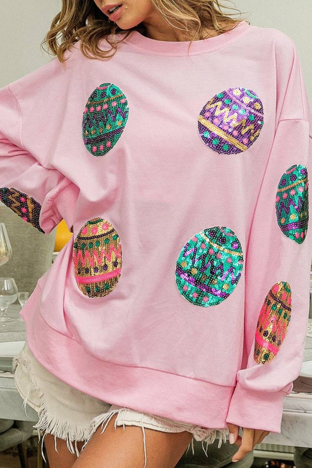 Easter Sequin Egg Print Drop Shoulder Oversized Sweatshirt - Pink / L