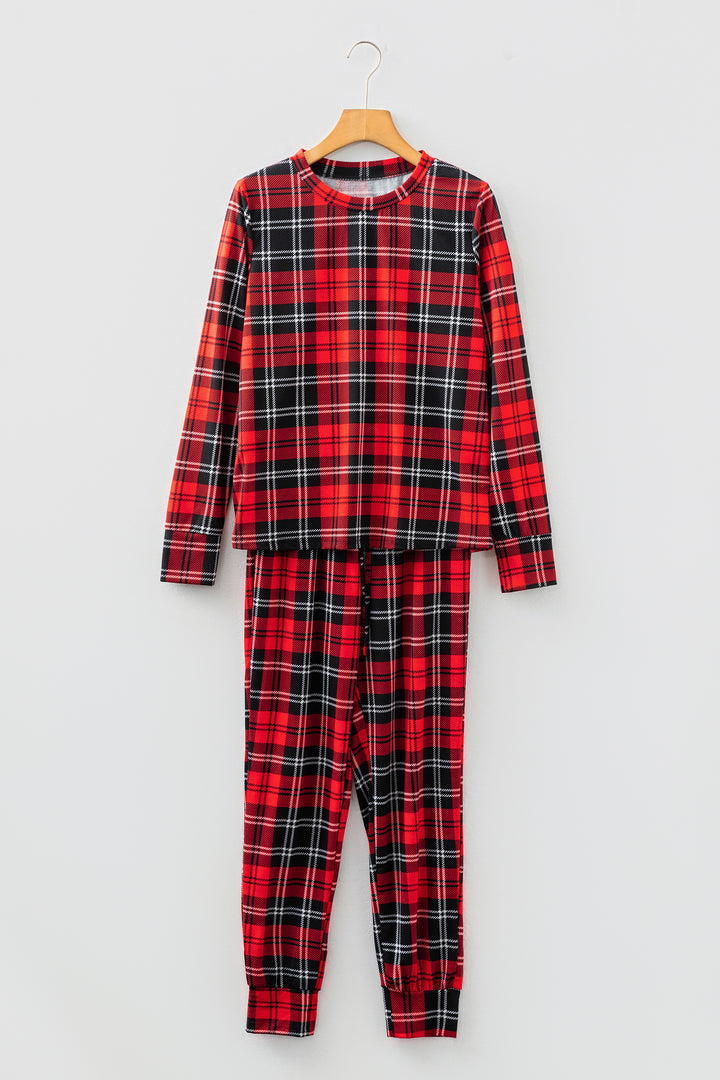 Red Festive Plaid Print Round Neck Long Sleeve and Pants 2 Piece Lounge Set