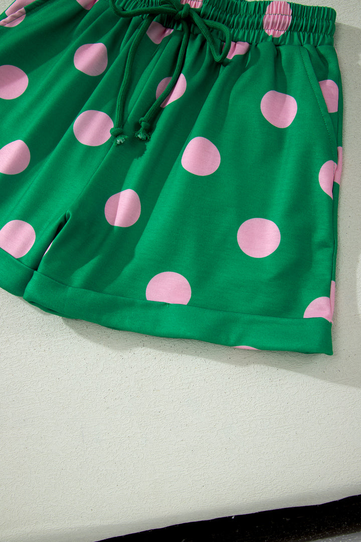 Polka Dot Print V Neck Tee Short Set