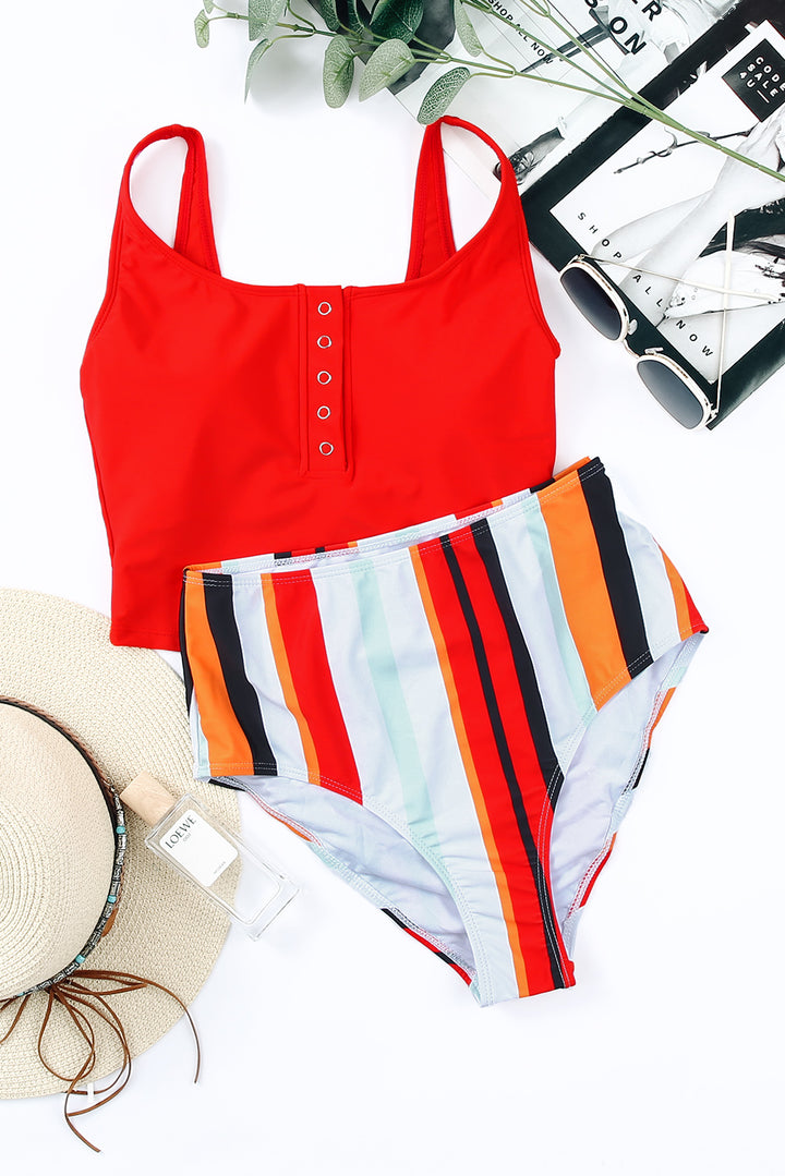 Red Square Neck Sleeveless Striped Print Tankini Swimsuit