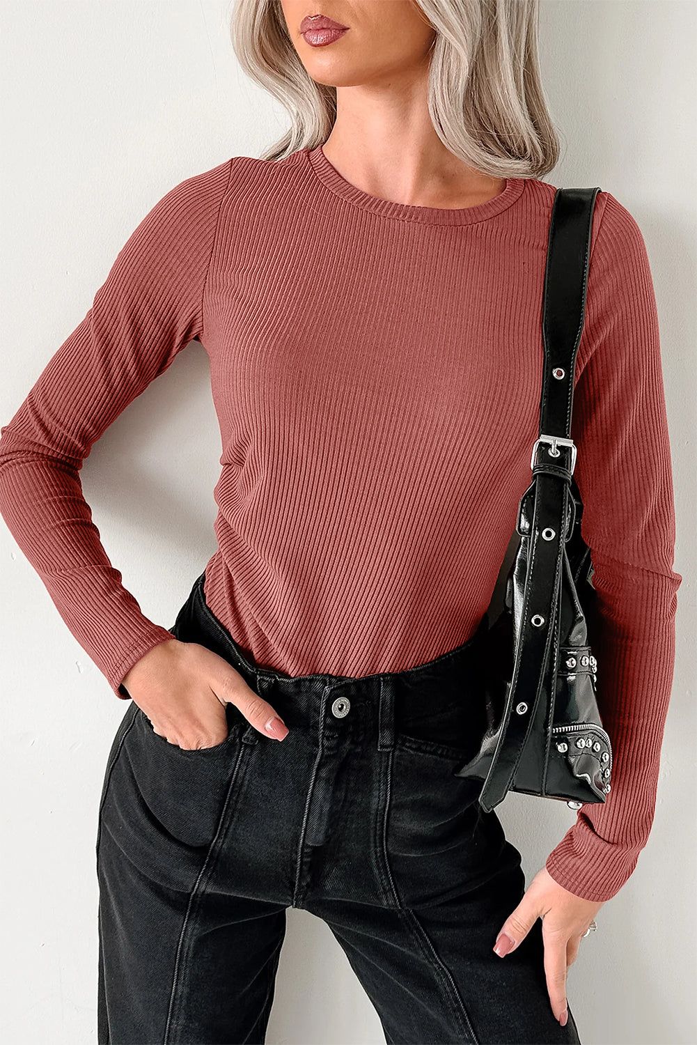 Ribbed Long Sleeve Crew Neck Solid Color Bodysuit