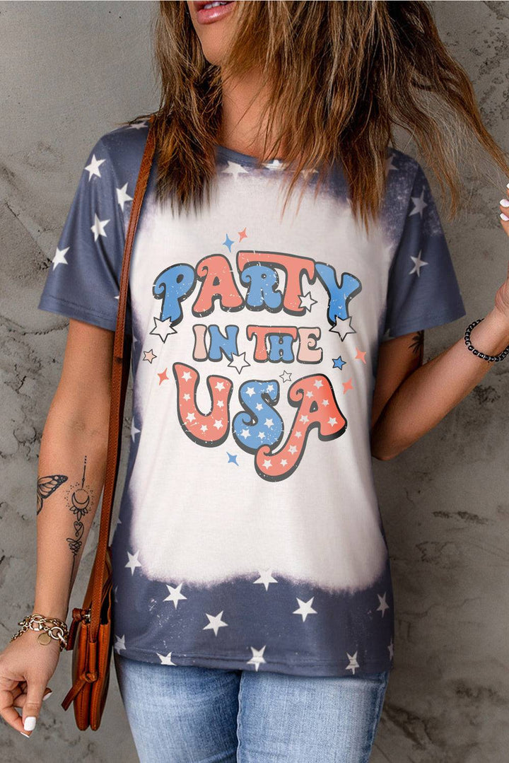 a woman wearing a party in the usa t - shirt