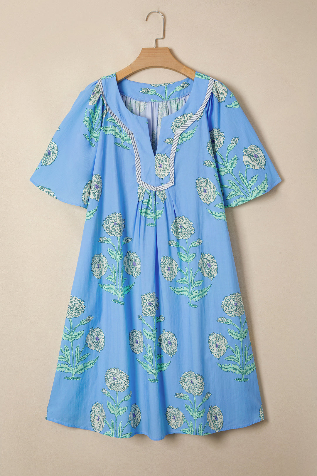 Sky Blue Plus Periwinkle Floral Printed Short Sleeve Striped Trim Split Neck Mini Dress
