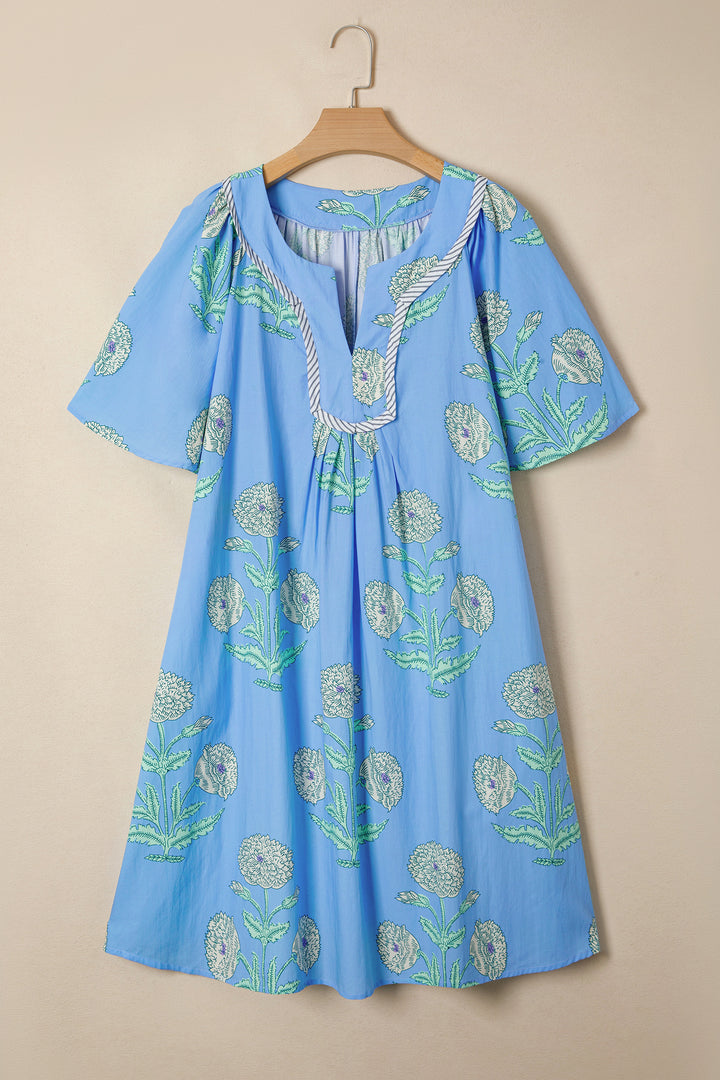 Sky Blue Plus Periwinkle Floral Printed Short Sleeve Striped Trim Split Neck Mini Dress