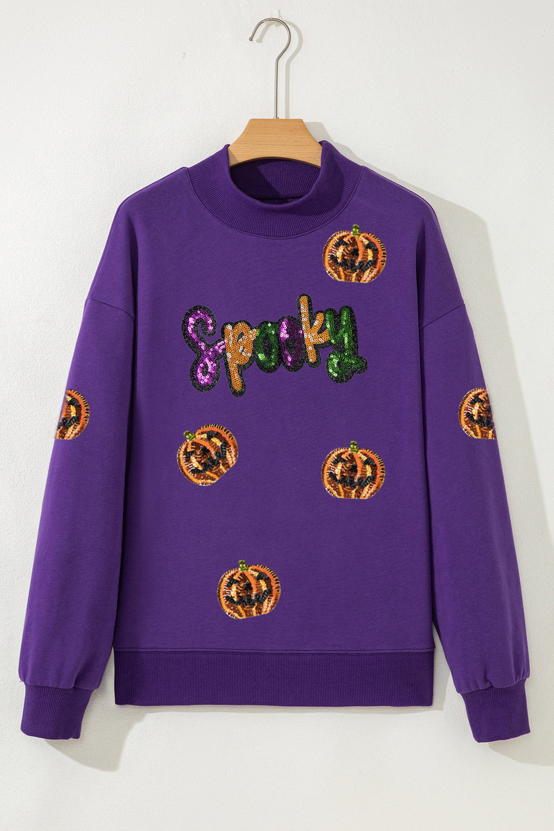 Tillandsia Purple Sequin Pumpkin Spooky Graphic Halloween Pullover Sweatshirt
