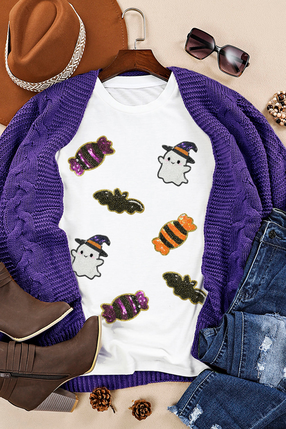 Sequined Halloween Spirit Pattern Patched Custom Casual Tee