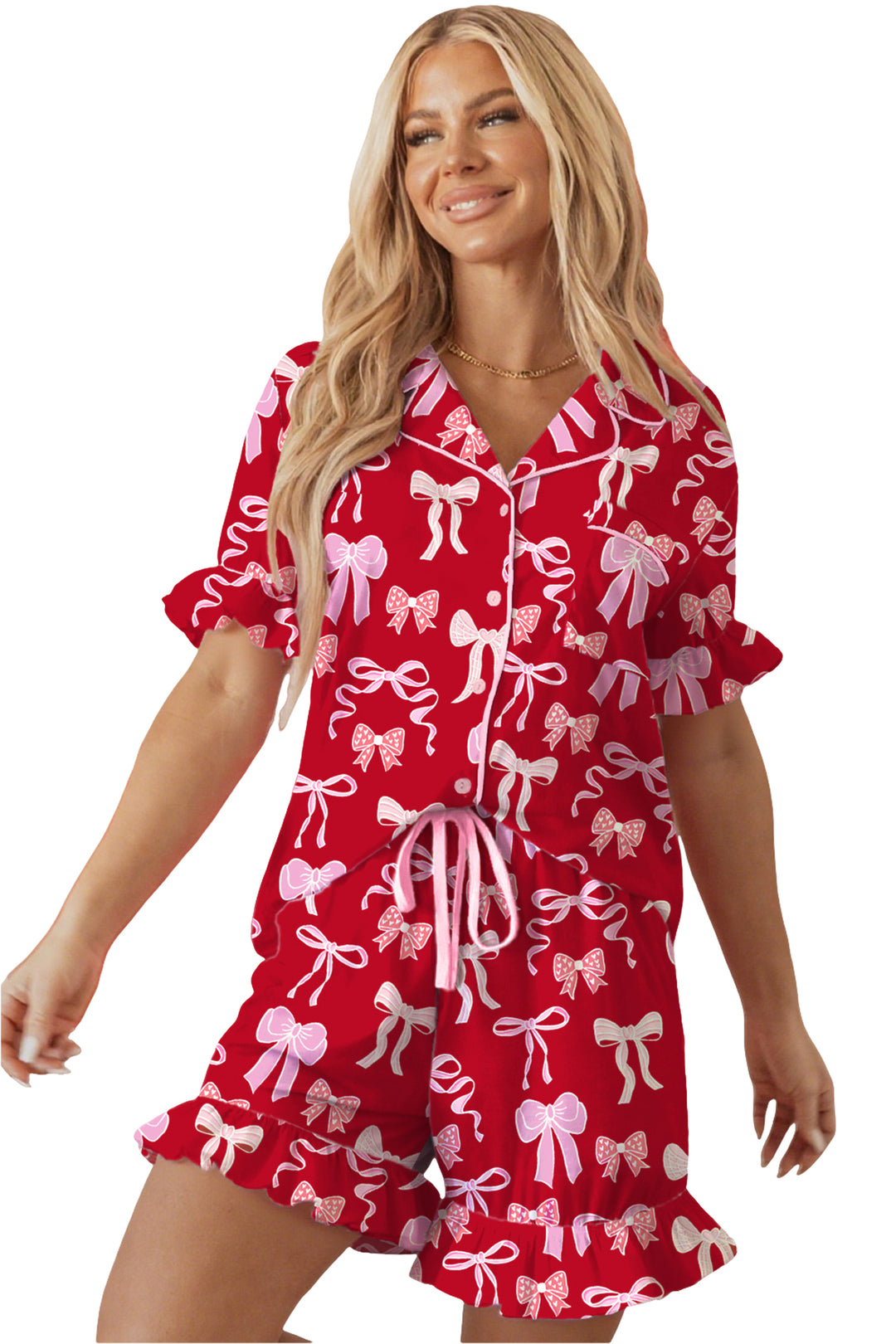 Red Sweet Bow Print Ruffled Short Sleeve Shirt Shorts 2pcs Pajama Set