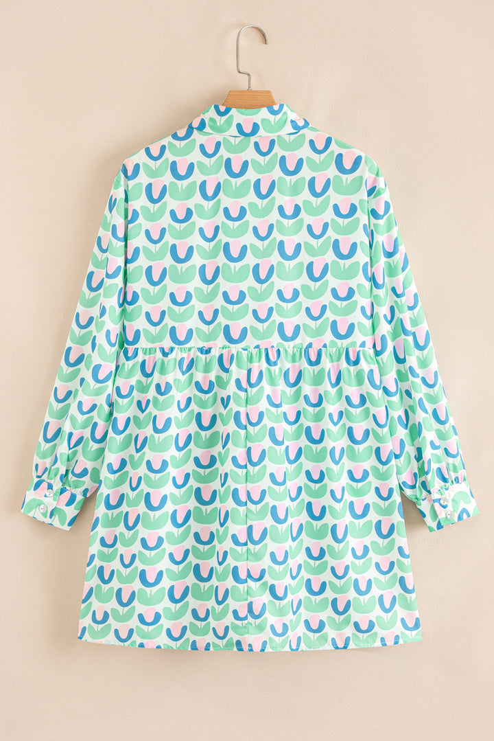 Green Floral Print Notched Neck Scalloped Detail Long Sleeve Mini Dress