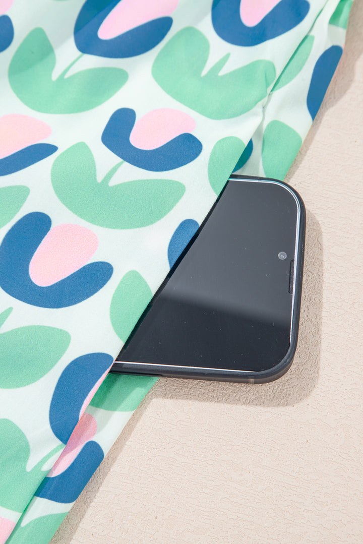 Green Floral Print Notched Neck Scalloped Detail Long Sleeve Mini Dress