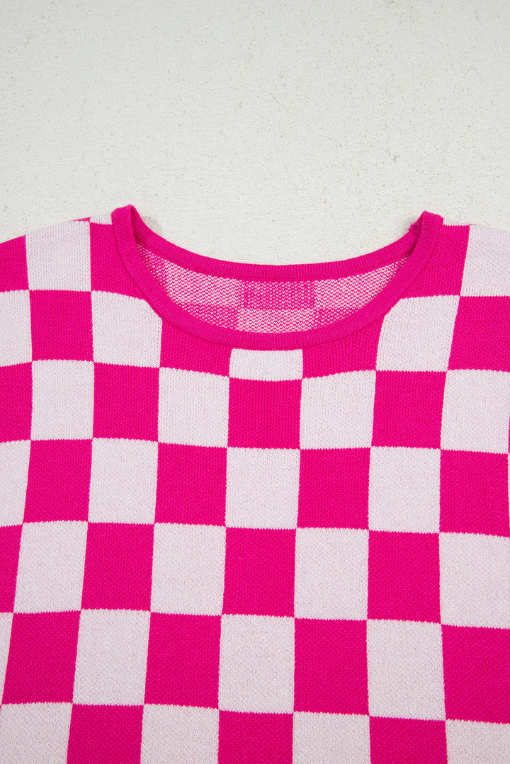 Rose Check Pattern Cap Sleeve Knitted BLOUSE