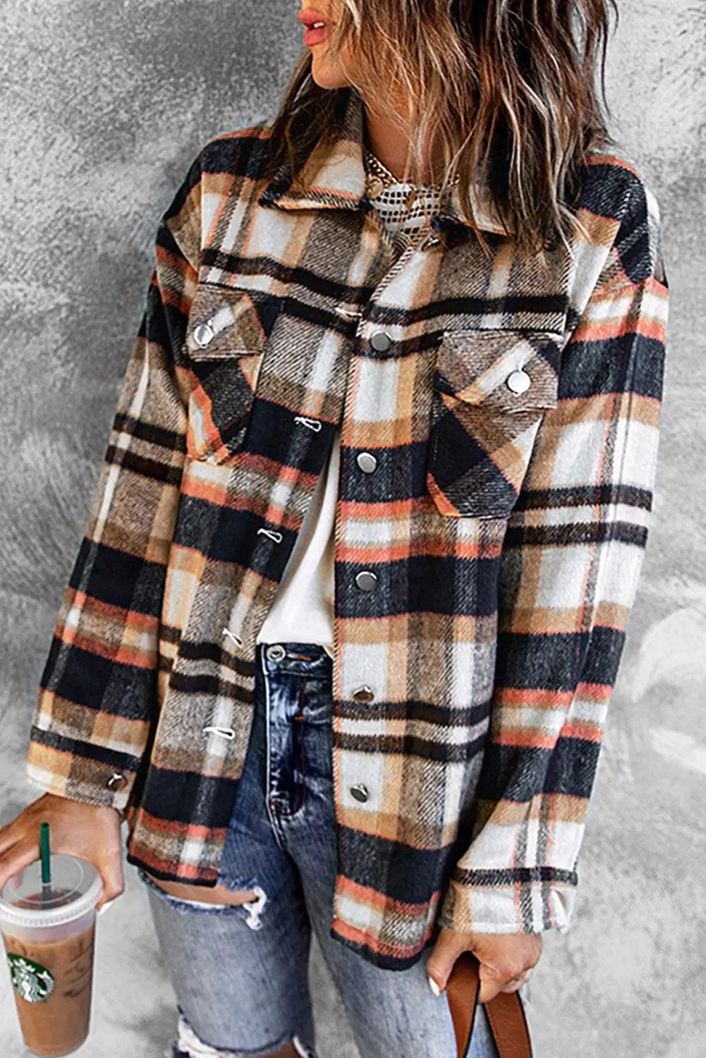 Geometric Plaid Print Pocketed Shacket -