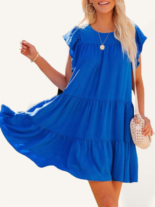Fashion Pleated Loose Solid Color Short Sleeve Dress - Blue / S