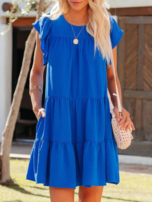 Fashion Pleated Loose Solid Color Short Sleeve Dress -