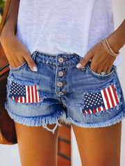 printed patch denim shorts with ripped fringed - Clear blue / S