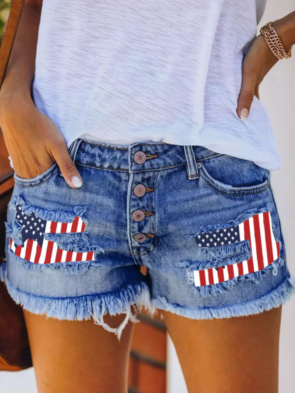 printed patch denim shorts with ripped fringed -