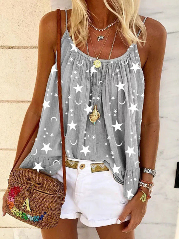 Casual V-neck star print vest camisole top - Grey / S