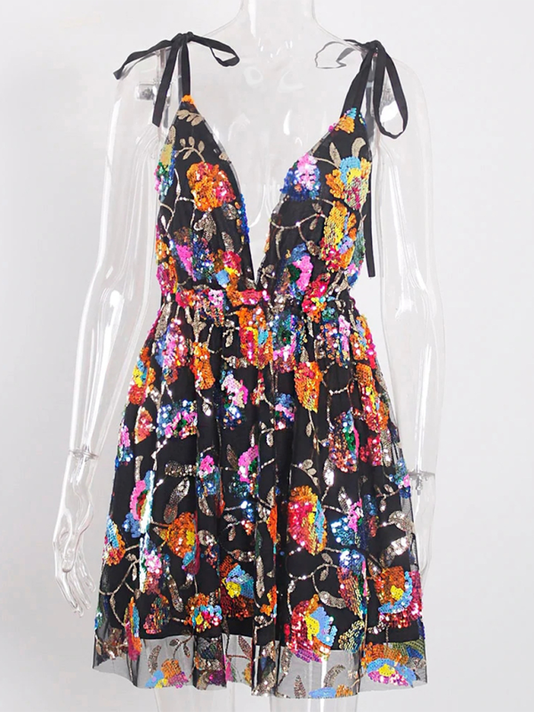 Women's Deep V Backless Sequin Floral Strappy Short Dress