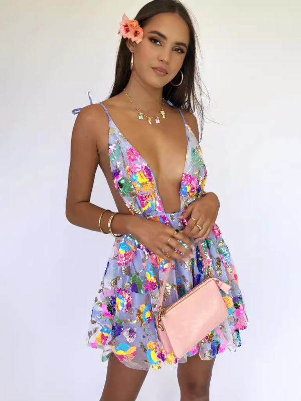 Women's Deep V Backless Sequin Floral Strappy Short Dress