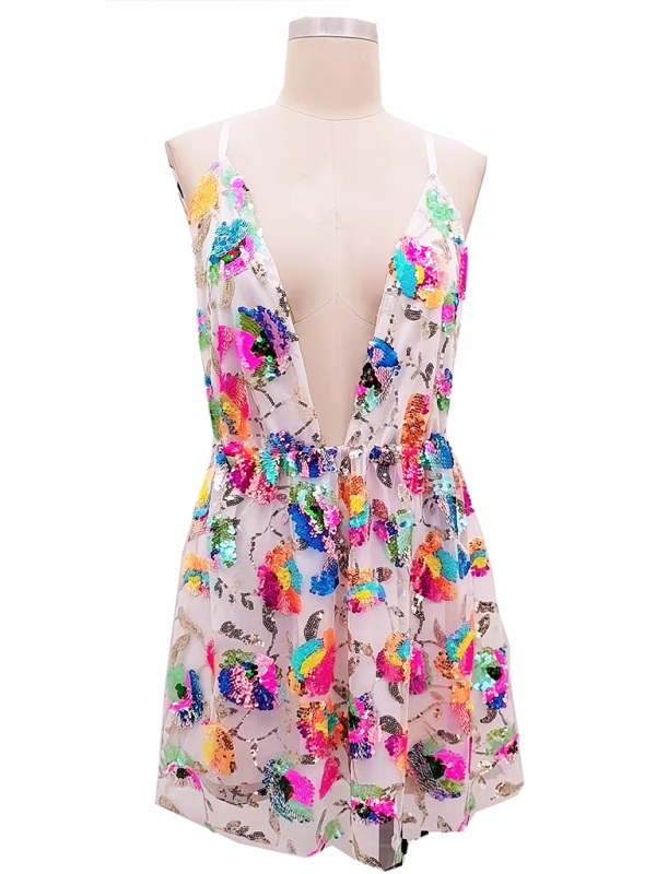 Women's Deep V Backless Sequin Floral Strappy Short Dress