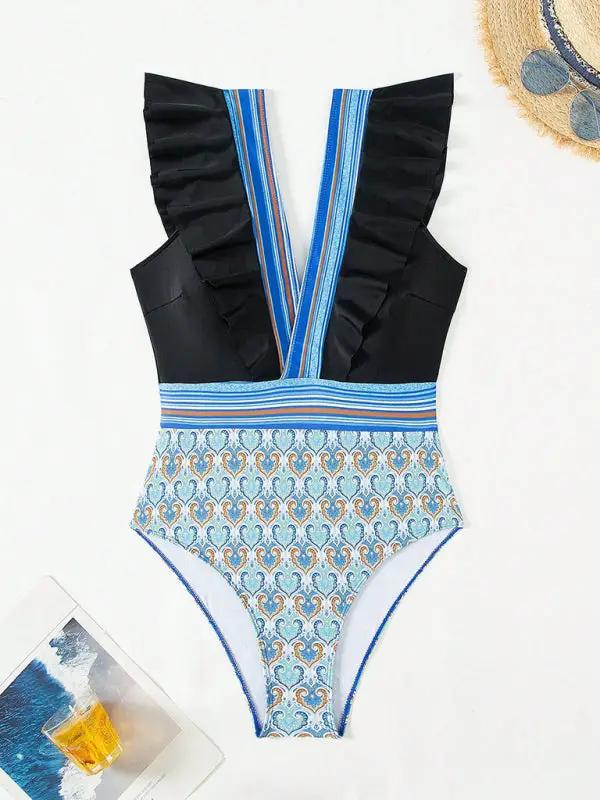 V-neck ruffled backless swimsuit