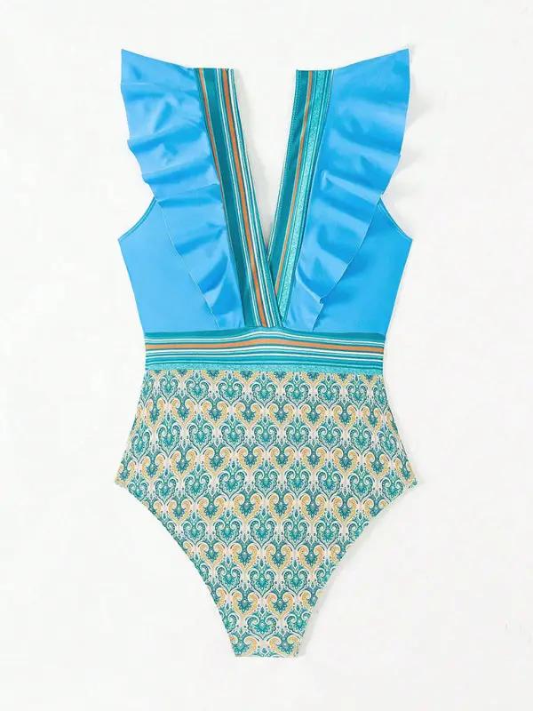 V-neck ruffled backless swimsuit